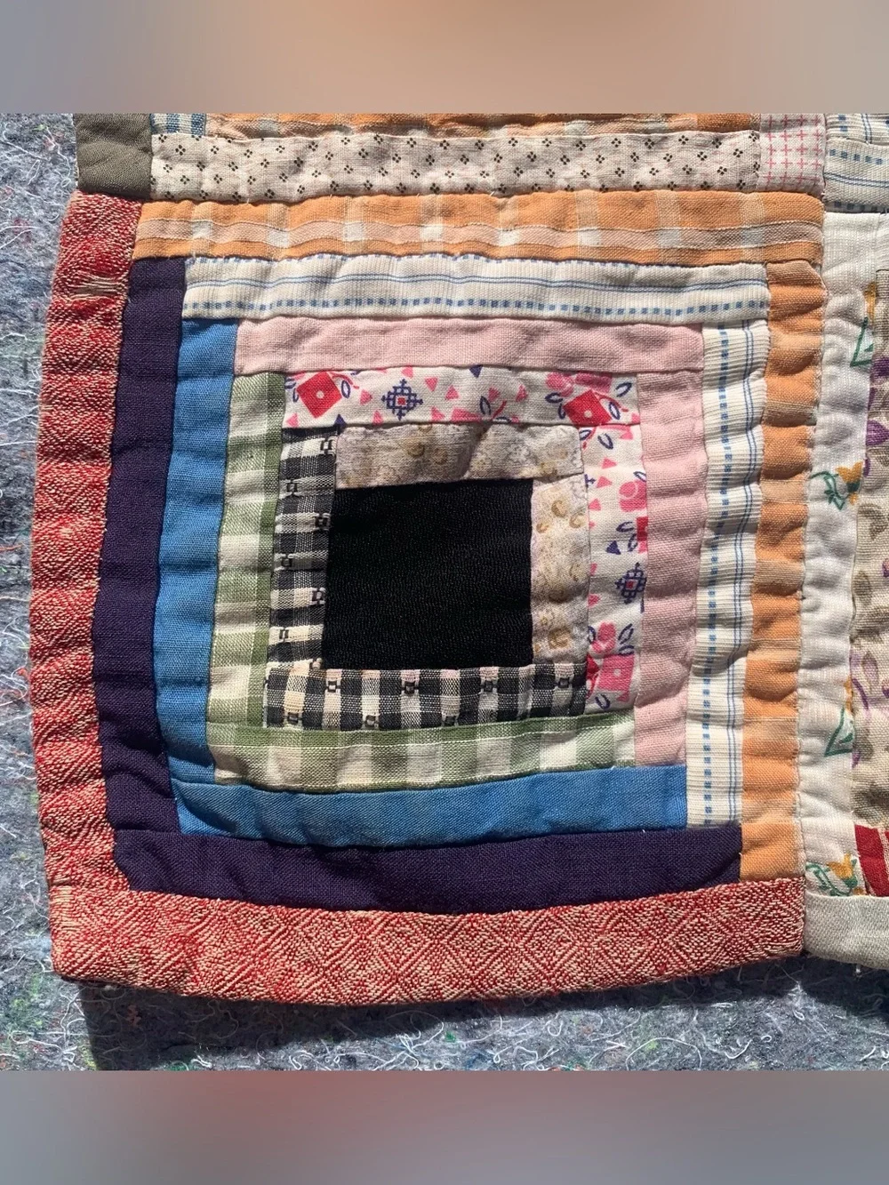 Antique 1940s or older multicolor multi-material log cabin quilt